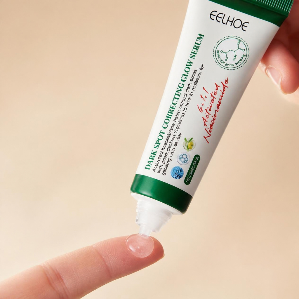 A hand holding a white and green tube of EELHOE Dark Spot Correcting Glow Serum, with the clear gel being squeezed onto a fingertip against a soft beige background.