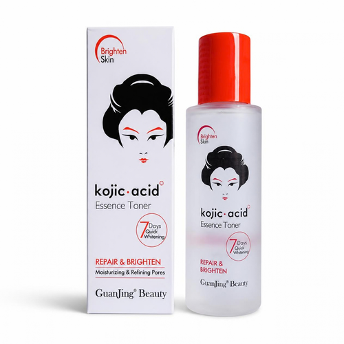 Guanjing Beauty Kojic Acid Essence Toner shown in a clear bottle with a bright red cap next to its white packaging box, both featuring a stylized geisha graphic and red branding.